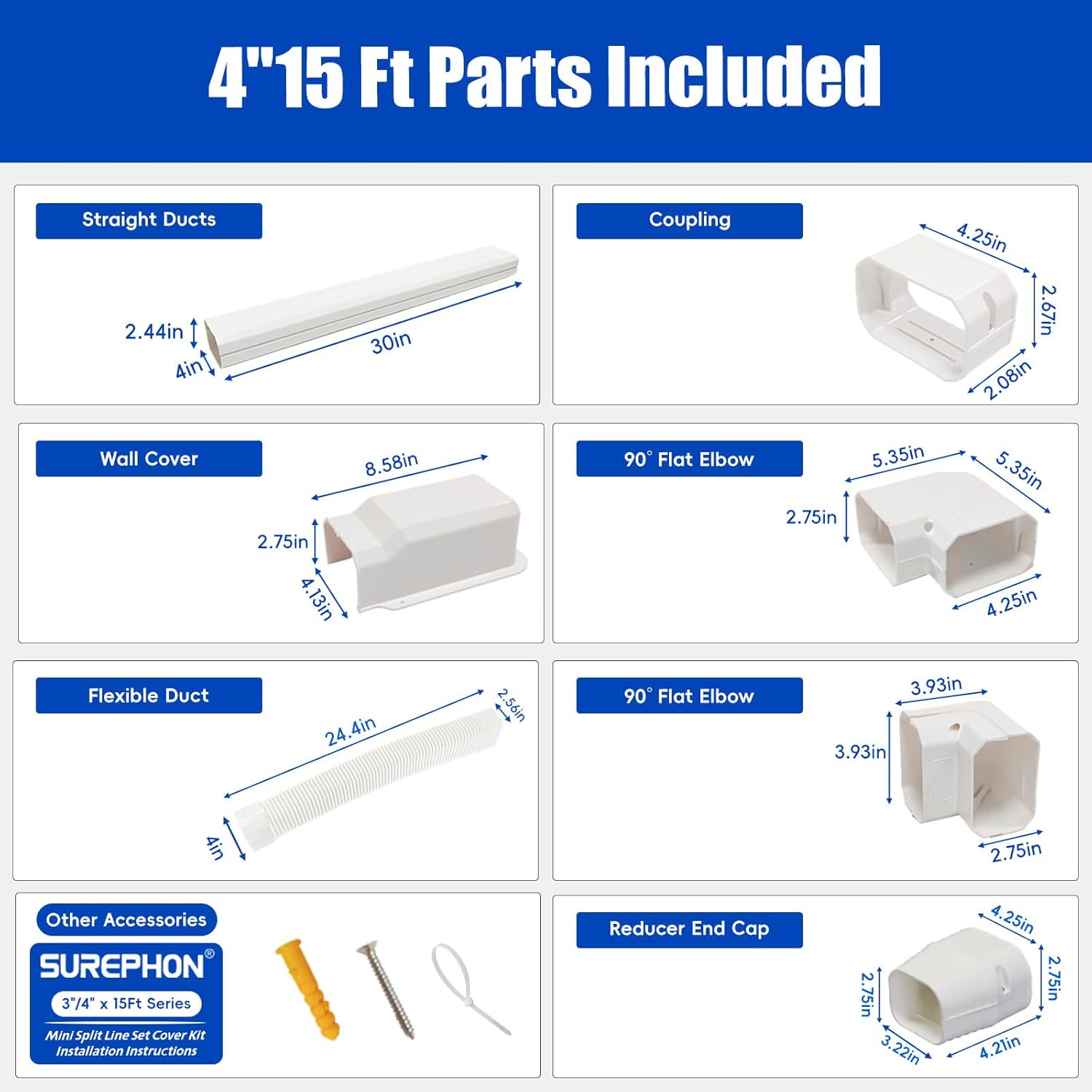 4" 15 Ft Mini Split Line Set Cover, Lineset Cover Kit for Mini Split with Flexible Duct, DIY Paintable for Mini Split Air Conditioner, Central AC,HVAC and Heat Pump
