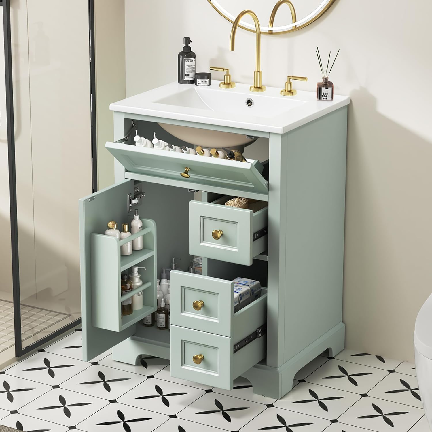 Virubi 24" Bathroom Vanity with Sink, Solid Wood & MDF Modern Single Bathroom Sink Cabinet with Soft-Closing Doors and Flip-Out Drawers,Freestanding(Green)