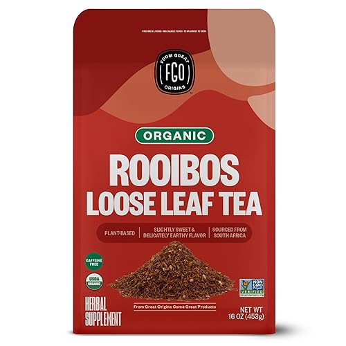FGO Té orgánico de hojas sueltas de rooibos, para preparar 200 tazas, bolsa resellable de papel de estraza de 16 onzas, puro de Sudáfrica