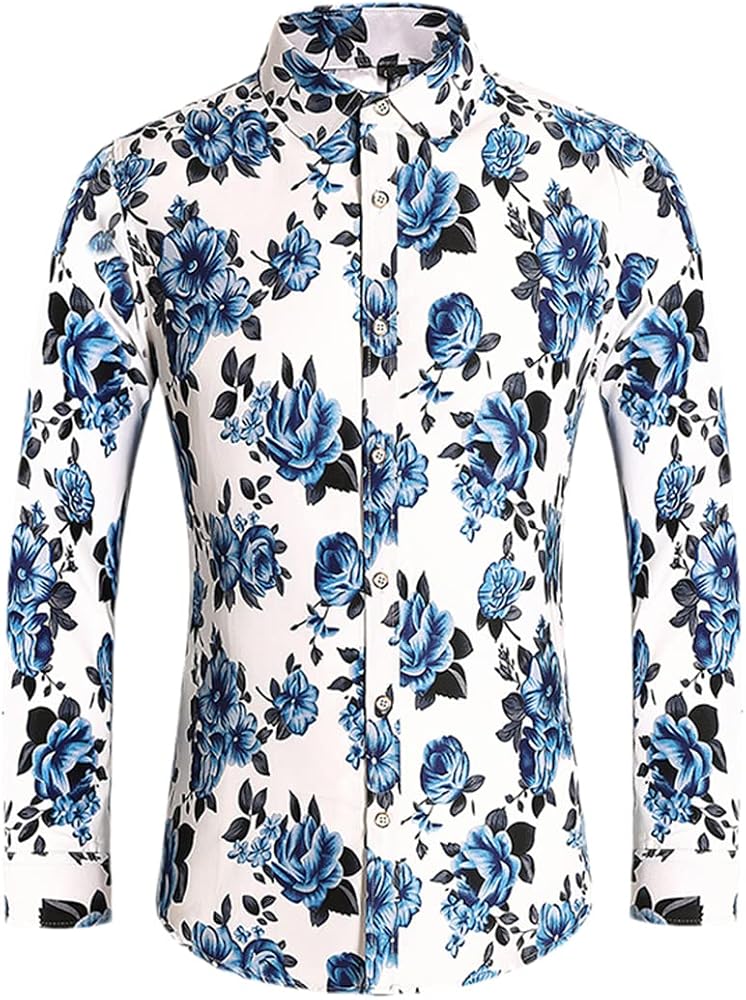 Men Floral Print Shirts Vintage Flower Shirt Slim Social Dress
