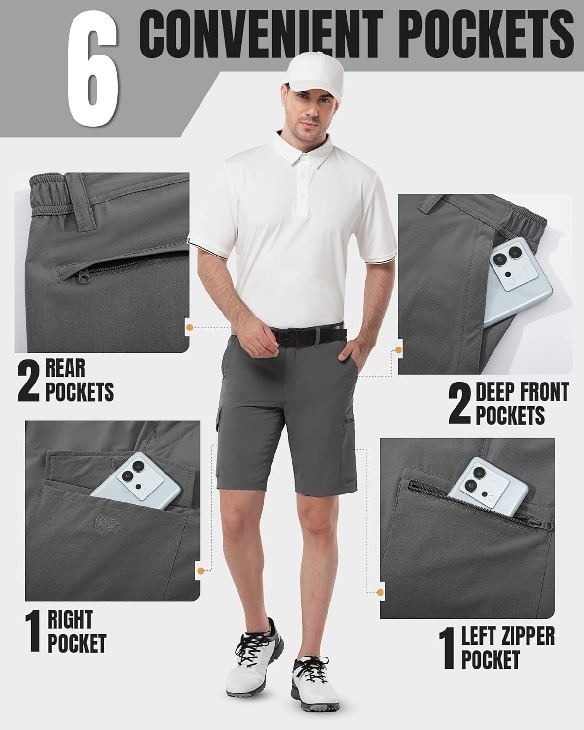 33,000ft Men's Golf Shorts 10" Inseam with Zipper Pocket Lightweight Quick Dry Stretch Hiking Cargo Shorts for Travel Fishing