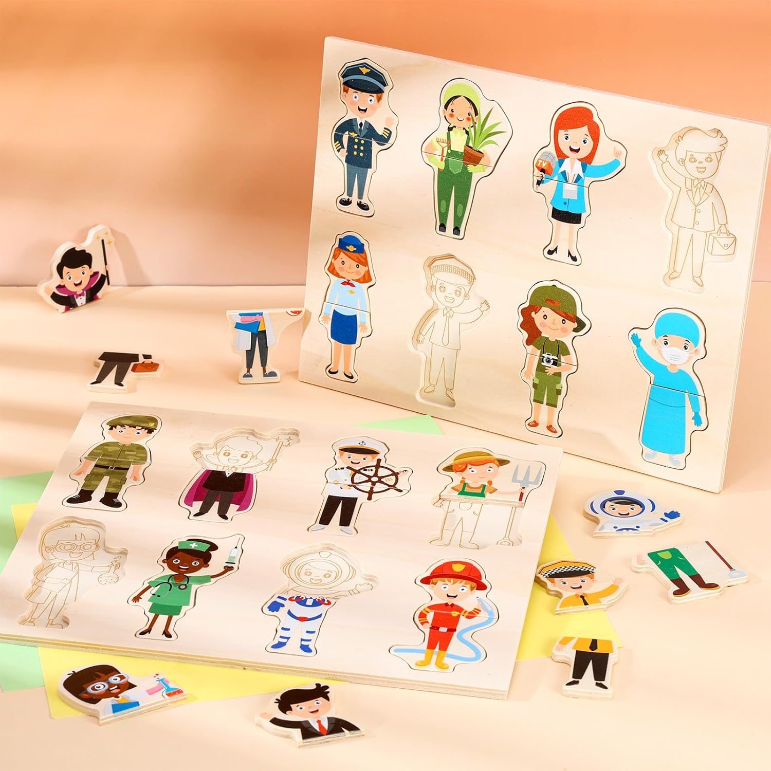 2 Set Wooden Puzzle for Toddlers Community Helpers Cognition Peg Puzzle Wood Blocks Multicultural Occupational Career Character Interchangeable Educational Toys Preschool Learning for Kids Children