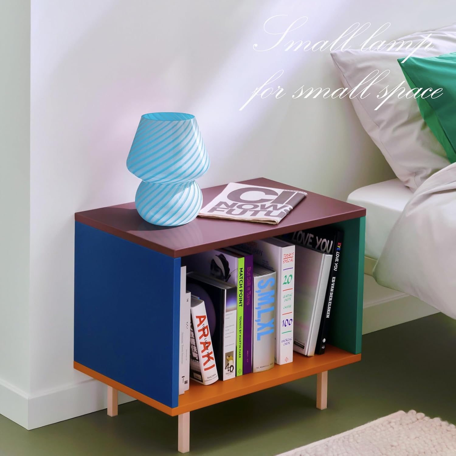 ONEWISH Mushroom Lamp, Small Table Lamp with Sea Blue Striped Glass, Nightstand Lamp Bulb Included