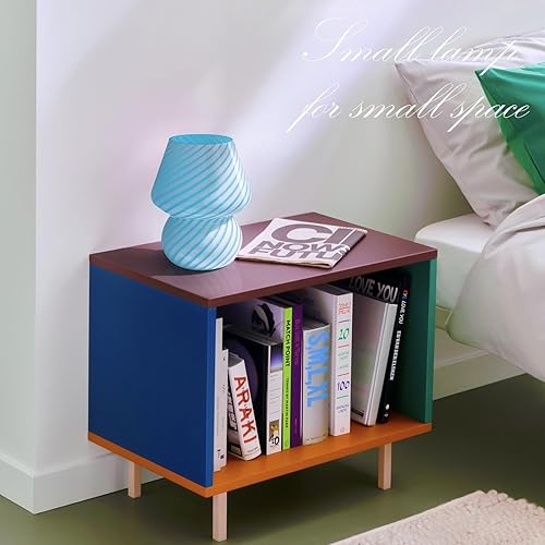 Miniatura 5 de ONEWISH Lámpara de hongo, pequeña lámpara de mesa con vidrio a rayas azul marino, bombilla de mesita de noche incluida