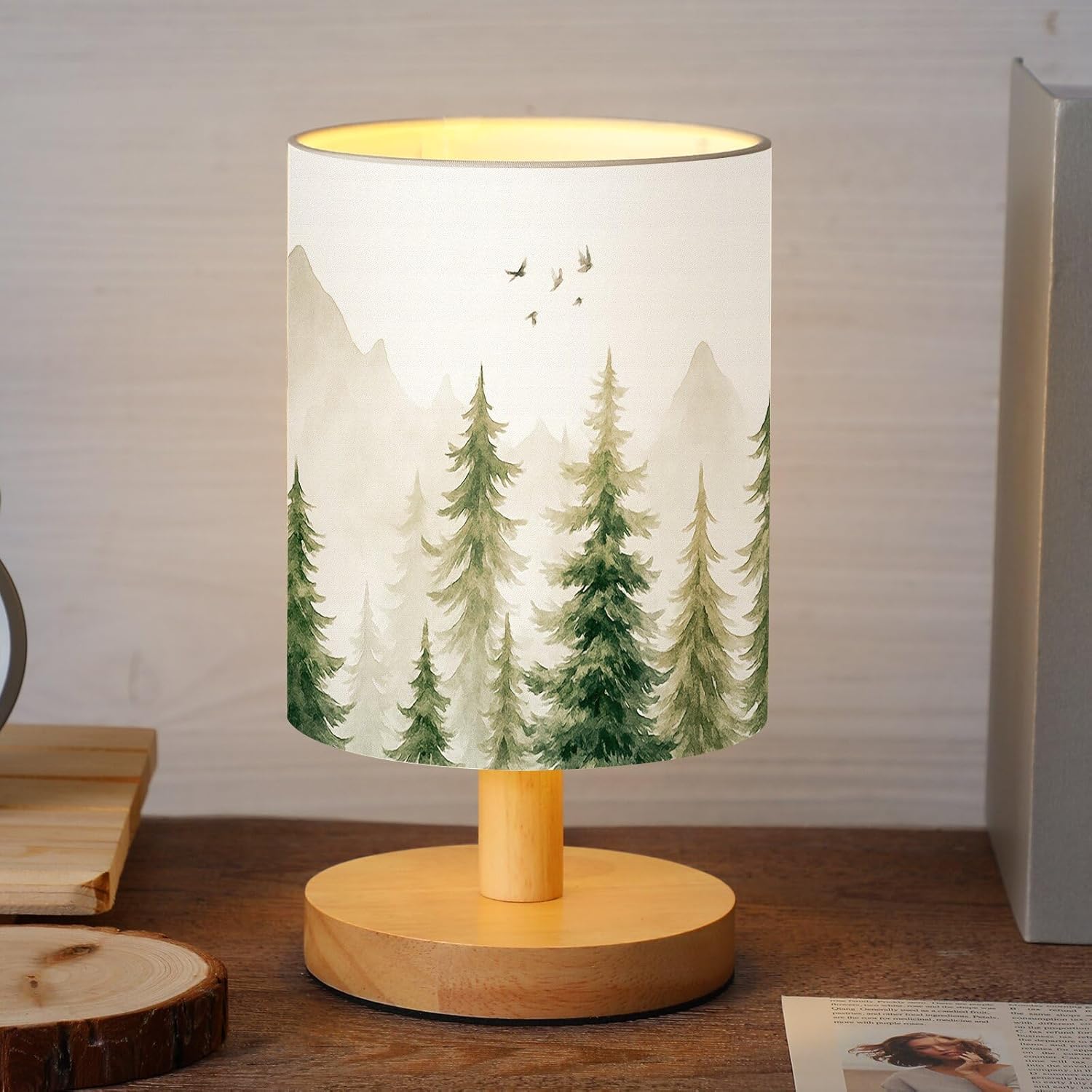 VIHOSE Pine Tree Bedside Table Lamp Forest Table Lamp Vintage Nightstand with Linen Fabric Shade Solid Wood Base Decoration for Kids Living Room Bedroom Desk Dorm