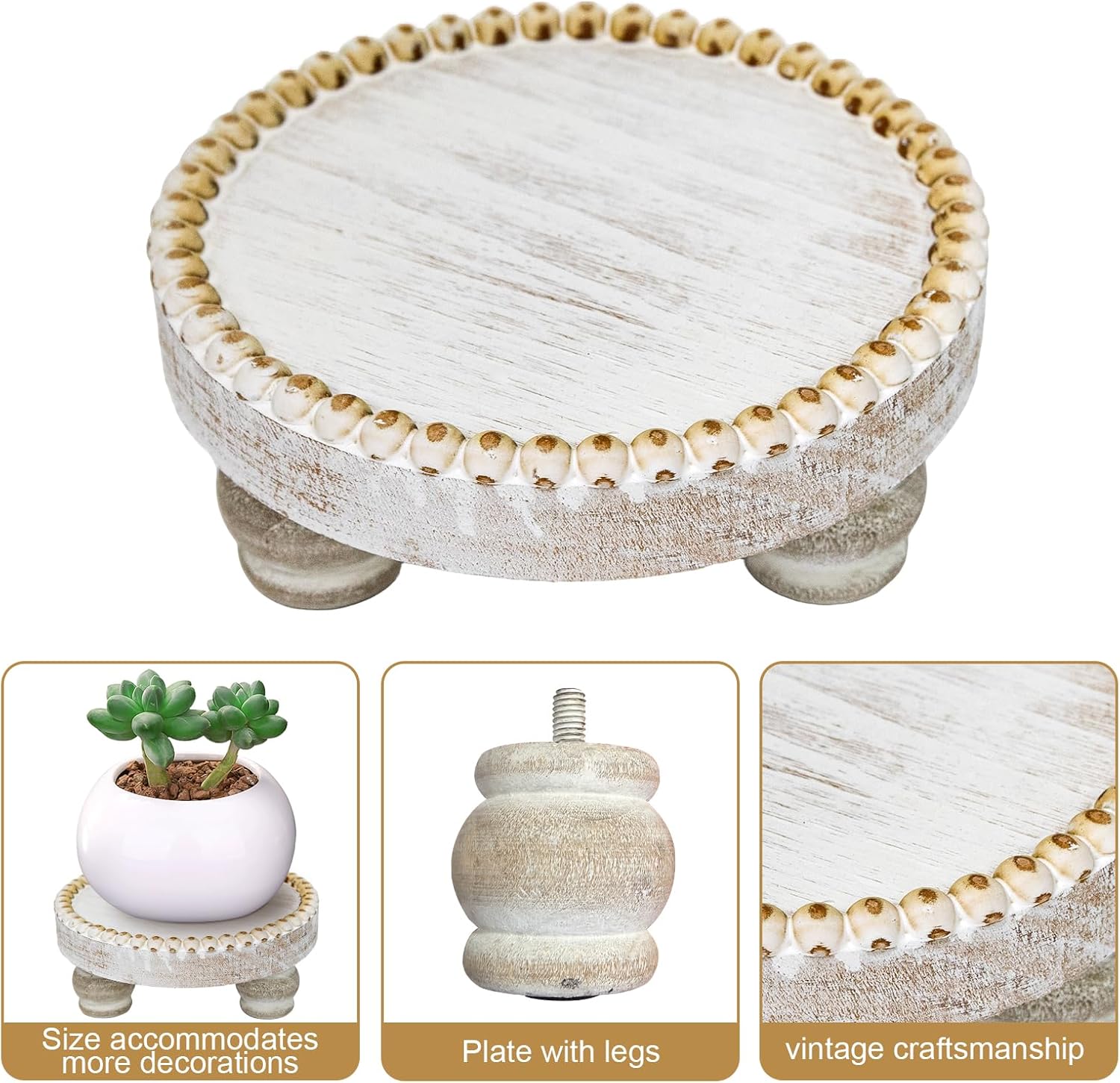 Small Wood Risers for Decor, Round Wooden Display Risers Candle Plates and Trays, Farmhouse Candle Trays Home Decor, Pedestal Stand for Mini Cake, Mug Display Decorative, Table Centerpiece, White