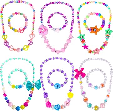 BigOtters Little Girls Necklace Bracelet, 6 Sets Lovely Colorful Beads Jewelry Princess Dress up for Toddlers Pretend Play Party Costume, Party Favors Bags for Kids