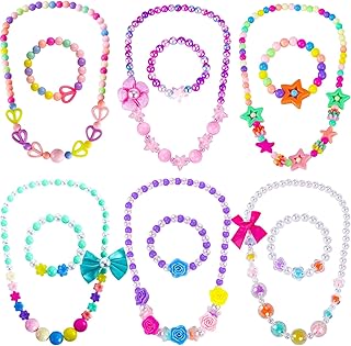 BigOtters Little Girls Necklace Bracelet, 6 Sets Lovely Colorful Beads Jewelry Princess Dress up for Toddlers Pretend Play Party Costume, Party Favors Bags for Kids