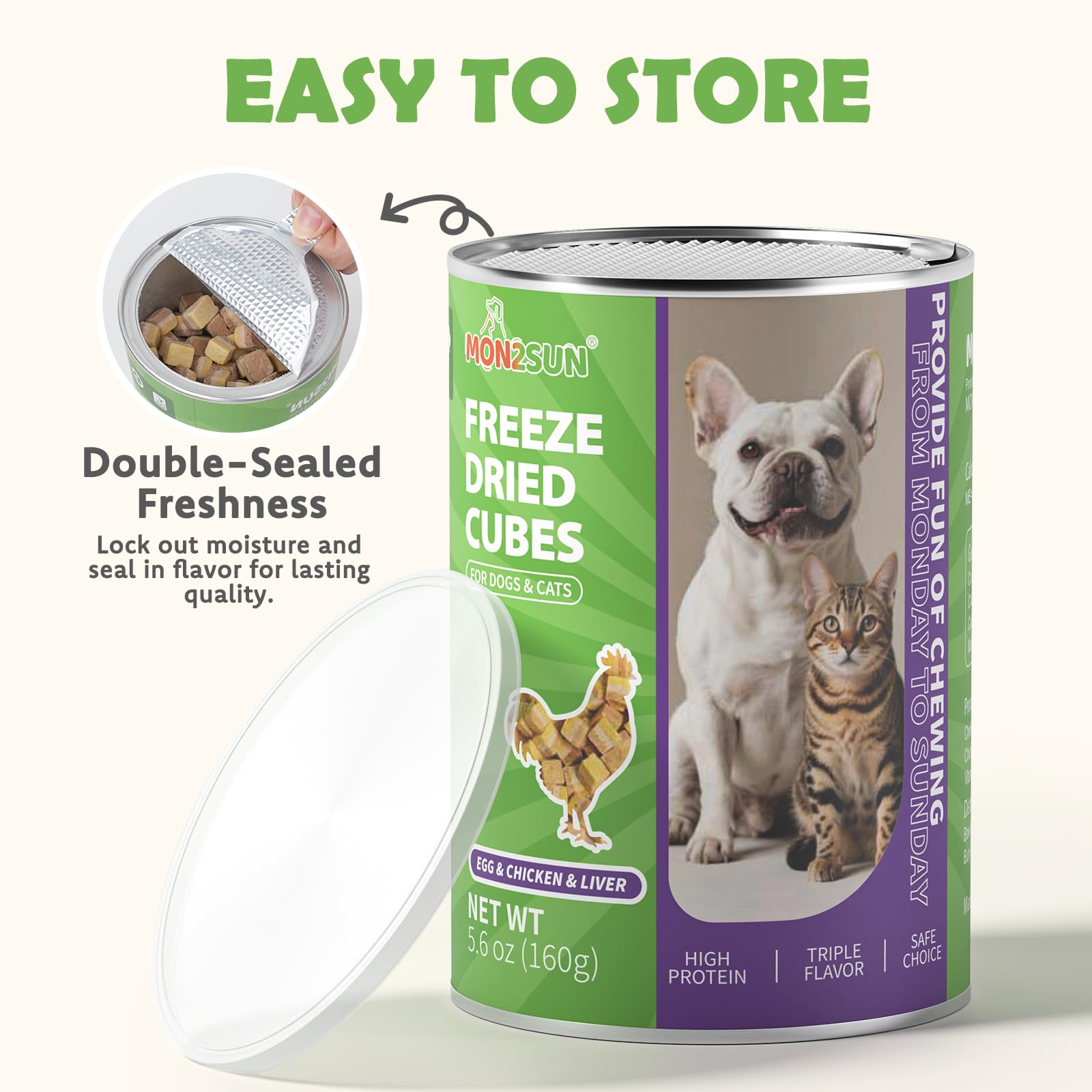 MON2SUN Triple-Layer Freeze Dried Cat & Dog Treats, Chicken, Egg & Chicken Liver Recipe Cube, Grain-Free High Protein Snacks, All Natural Food Topper or Training Rewards, 10.6oz - image 8