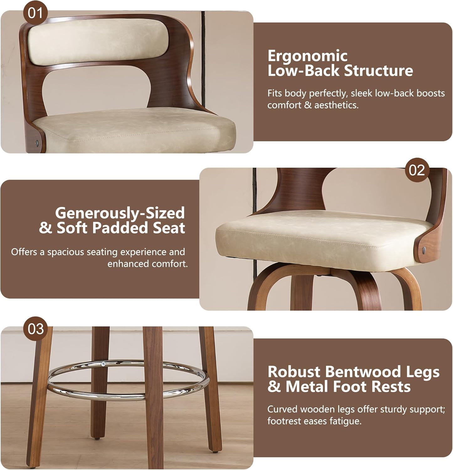 Swivel Bar Stools Set of 4, 26" Counter Height Bar Stools, Mid-Century Modern PU Leather Modern Island Chairs with Back and Footrest, for Kitchen, Bar, Restaurant, Cafe (Beige Gray)