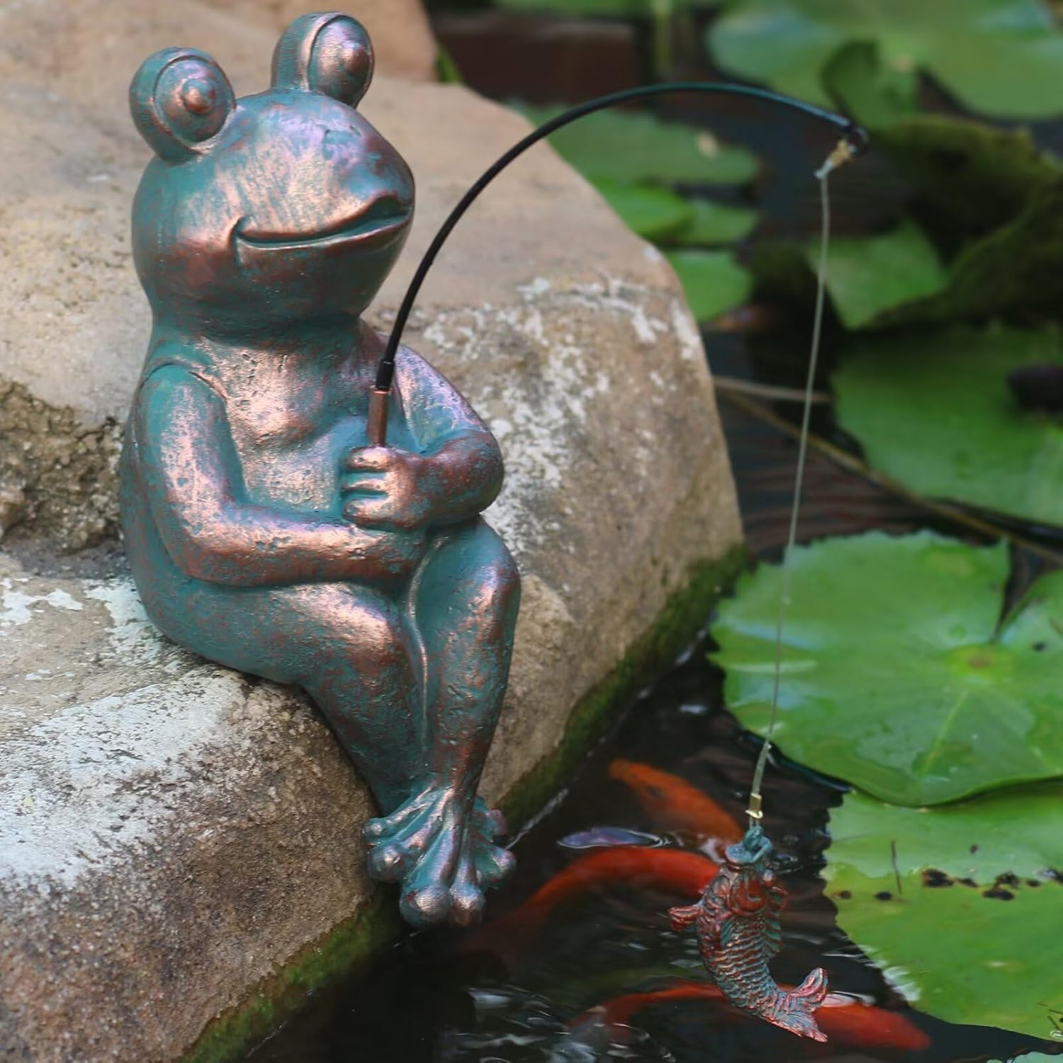 Antique Copper Fishing Frog Statue - Outdoor Garden Statue & Koi Pond Decor