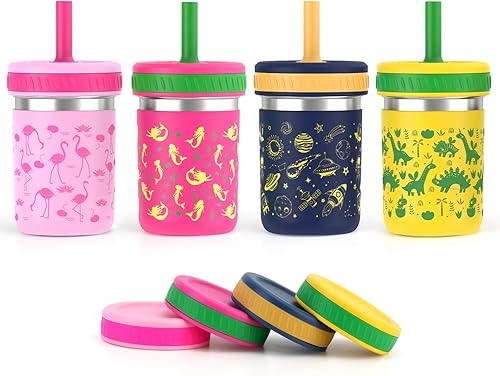 Miniatura 14 de Sursip Vasos infantiles de acero inoxidable con pajitas y tapas, resistentes a derrames, con popote de silicona para batidos, bebidas, aperitivos,