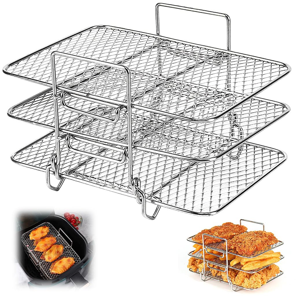 Supvox® Grill Rack for Air Fryer, Triple Layer 304 Stainless Steel Oven Grill Rack Food Cooling Rack, Stackable Design, Easy Lifting with Handle, 19.2x12.7x11.5 cm
