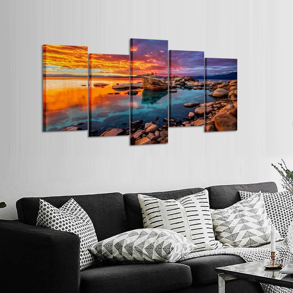 KREATIVE ARTS Large 5 Piece Canvas Prints Candy Skies Lake Tahoe Wall Art Rocky Shore In Nevada California Giclee Stretched And Framed Landscape Picture For House Decorations