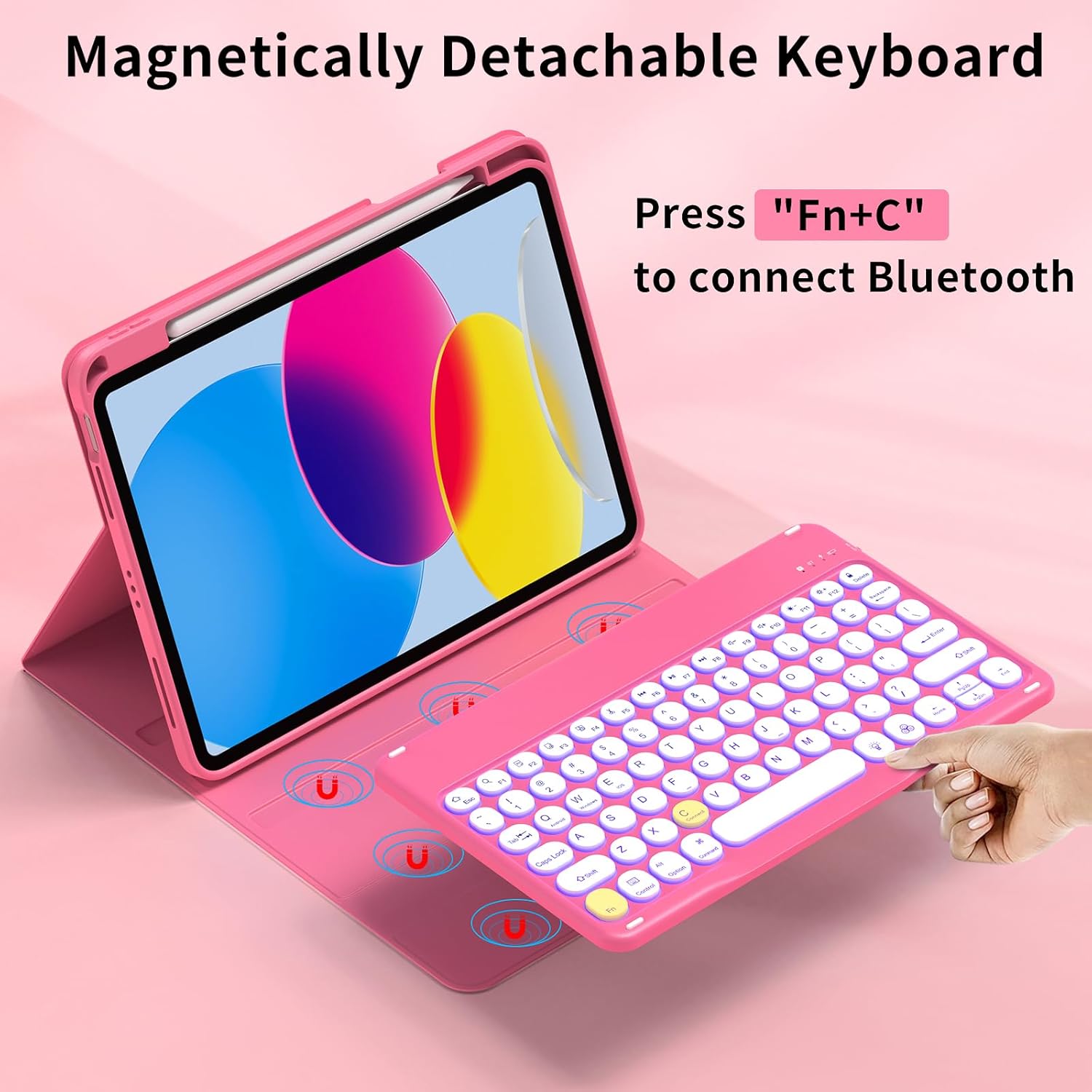 aoub Keyboard Case for iPad (A16) 11th 10th Generation 11 inch 2025/2022, 7 Colors Backlit Wireless Detachable Keyboard, Stand Folio Cover with Pencil Holder for iPad 10th Gen 10.9 inch, Pink
