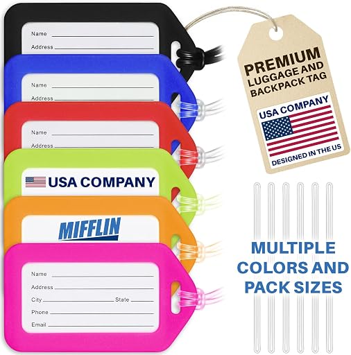 Mifflin-USA Luggage Tags (Assorted, 6 PK), Bag Tag for Baggage, Suitcase Tags Bulk | Mifflin-USA Bulk Baggage Identifier - Suitcase Labels for Luggage, Airline Travel - Backpack and Cruise Accessories