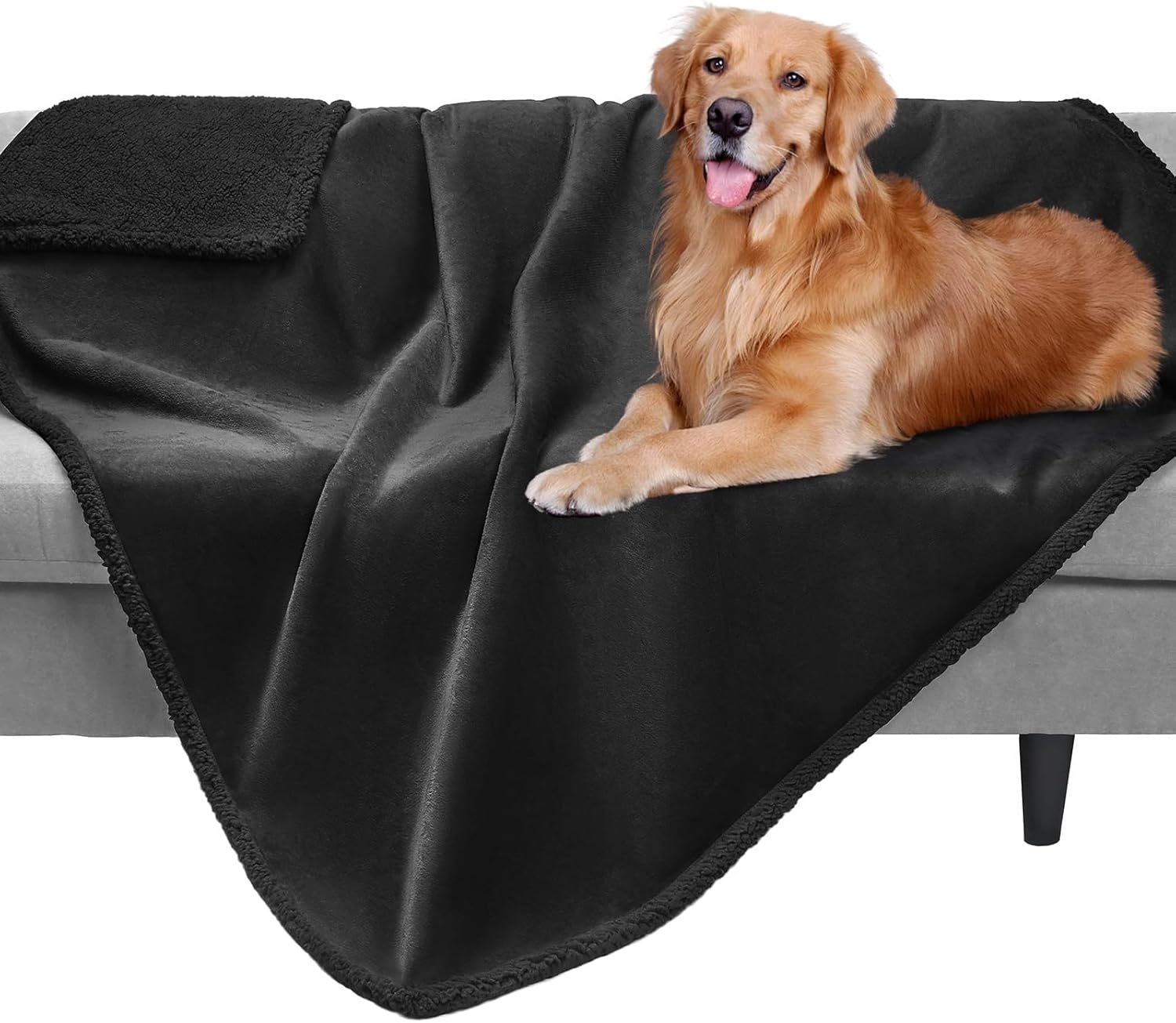 LINENLUX Large Dog Blankets Waterproof Couch Cover for Bed Pet Washable Thickened Furniture Protector Sherpa Fleece Reversible, Black 65" x 57"