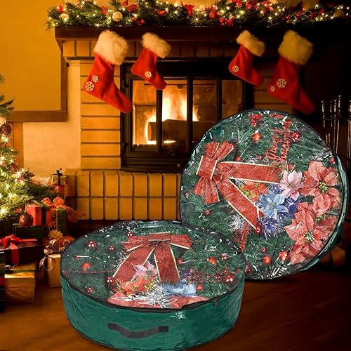 Miniatura 5 de Propik Bolsa de almacenamiento para corona de Navidad de 30 pulgadas, contenedor navideño con ventana transparente, tela resistente a desgarros,