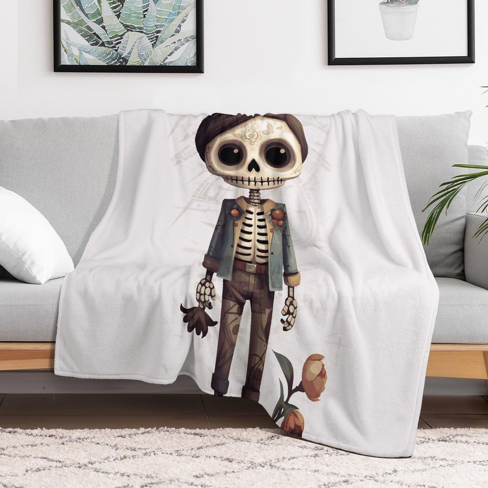 Couverture en micro polaire tête de mort et fleurs pour garçon 150x200 cm