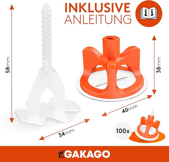 Gakago Tile Levelling System 300-Piece Set 2 mm – Laying Aid for a Perfect Joint Pattern – Superior Range for Tile Thicknesses 3-18 mm – Tile Protection with Schon Washers