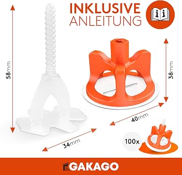 Gakago Tile Levelling System 300-Piece Set 2 mm – Laying Aid for a Perfect Joint Pattern – Superior Range for Tile Thicknesses 3-18 mm – Tile Protection with Schon Washers