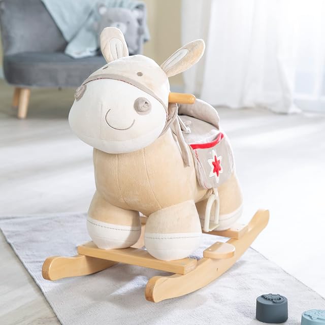 Foto 2 de 8 de roba Burro Balancín de Madera y Peluche Suave + Estribos y Asas - Ayuda a Mejorar el Equilibrio - Marrón