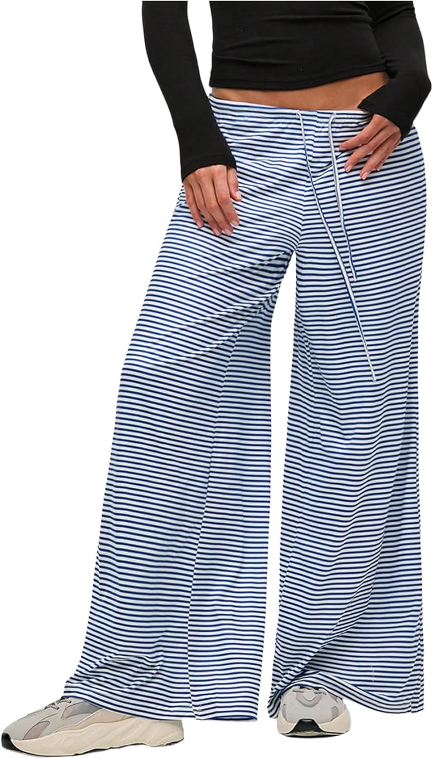 Floerns Women's Striped Wide Leg Pants Drawstring Waist Loose Long Trousers Lounge Bottoms