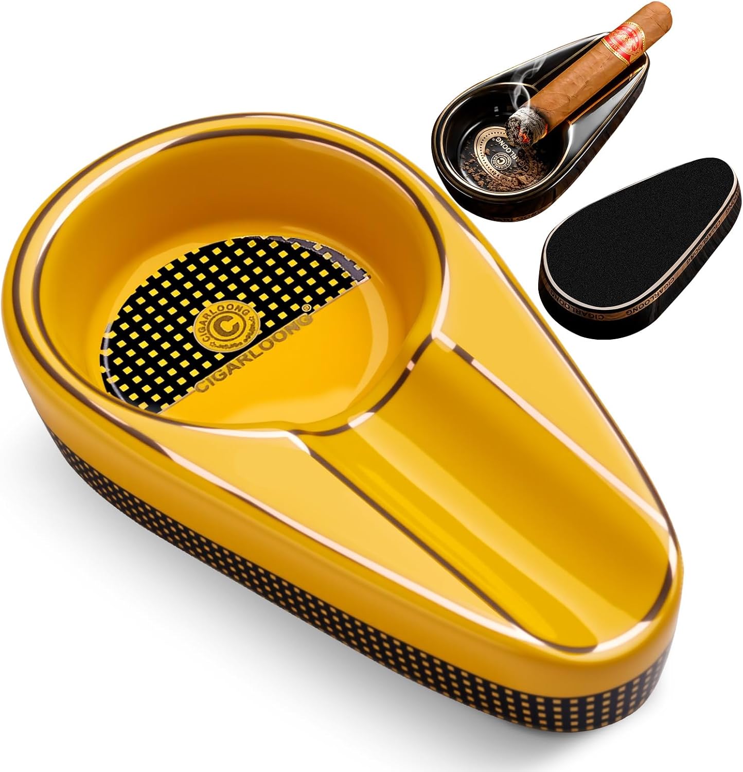 Premium Ceramic Cigar Ashtray, Large Caliber Single Slot Non Slip Base Cigar Rest Stand, Outdoor Indoor Ashtrays, Cigars Smoking Accessories for Men, Home Decor (yellow)