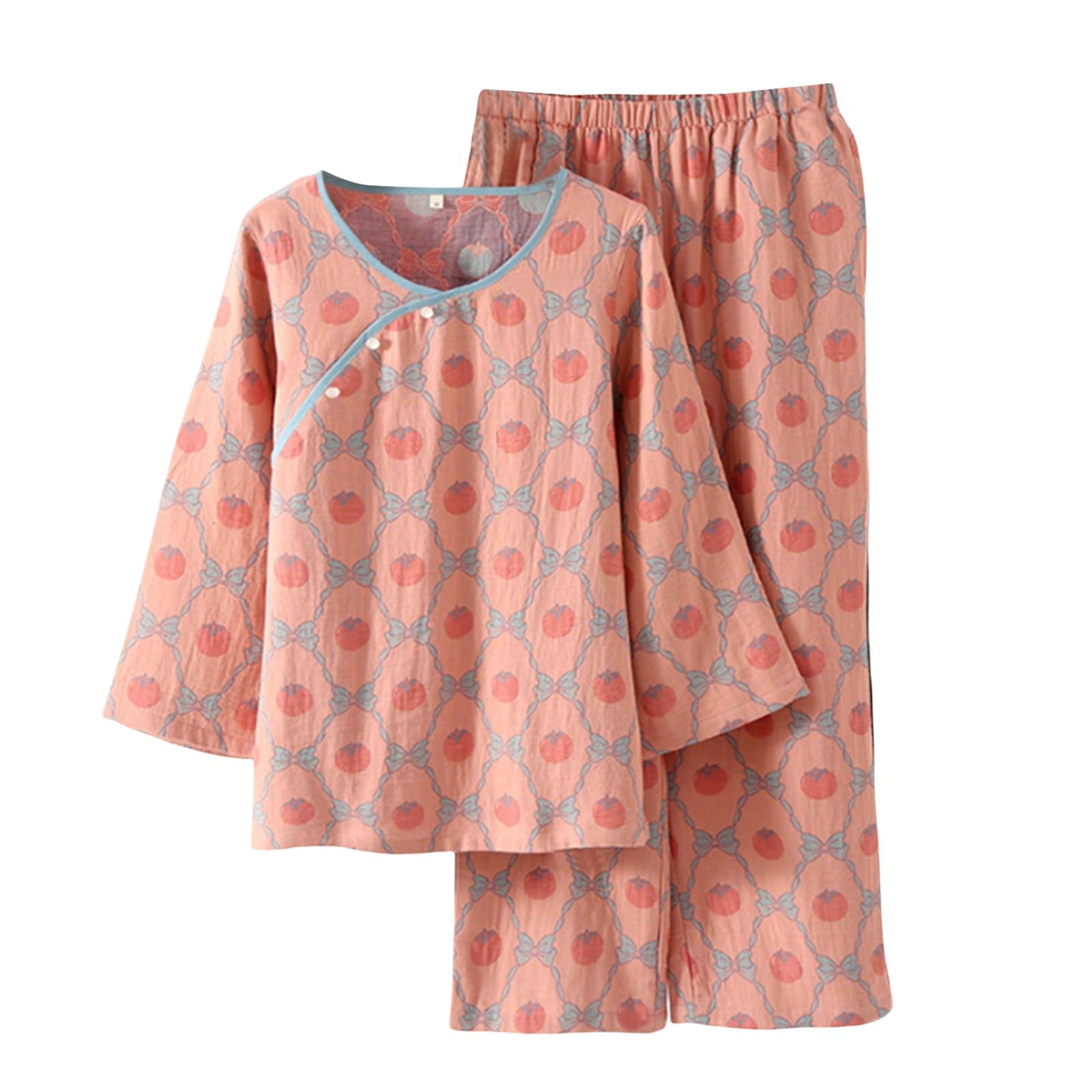 Pigiama da donna in stile cinese pigiama vintage per donna pigiama fantasia in cotone camicia button down con pantaloni Loungewear Due pezzi fibbia a disco indumenti da notte stampati abbigliamento da