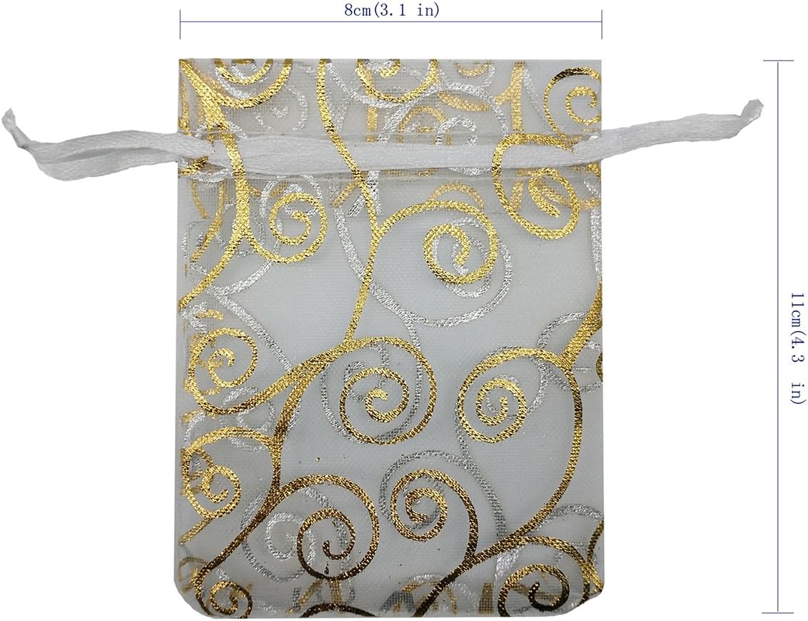 100pcs Sheer Organza Favor Bags For Wedding Baby Shower Rattan Print Gift Bags Samples Display Drawstring Pouches (3x4 inch, white) - Image 4