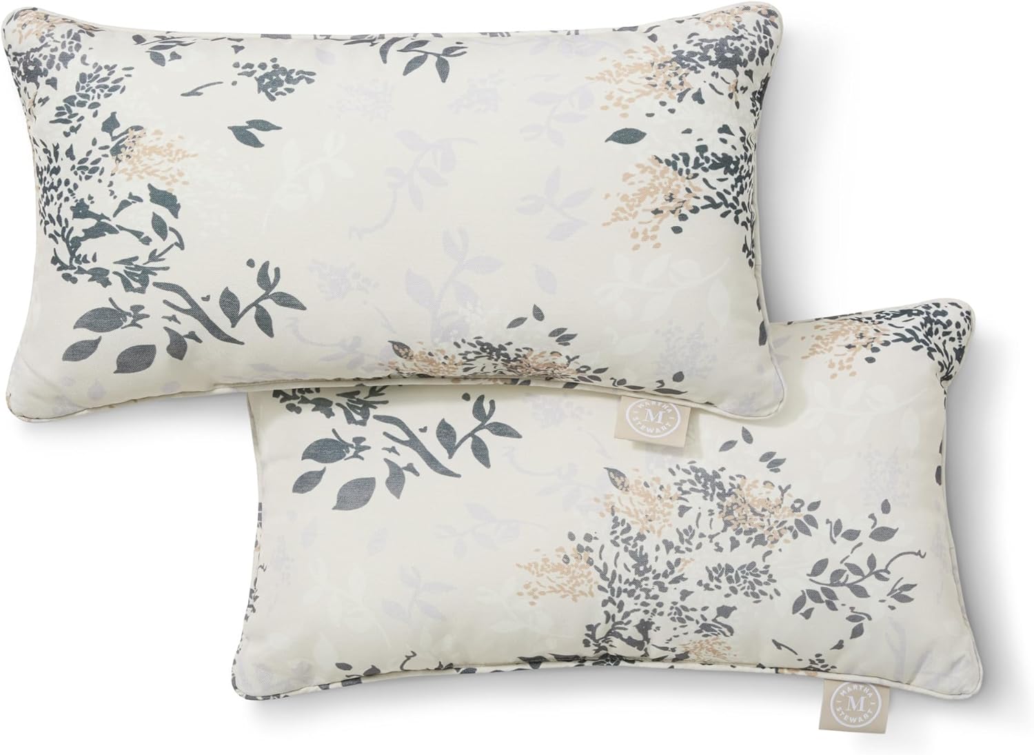 Martha Stewart Charming Foliage Indoor Outdoor Decorative Lumbar Pillow 2-Pack Set, UV Fade Resistant, Water Repellent, Printed Floral Design, Warm Grey, 11"x18"
