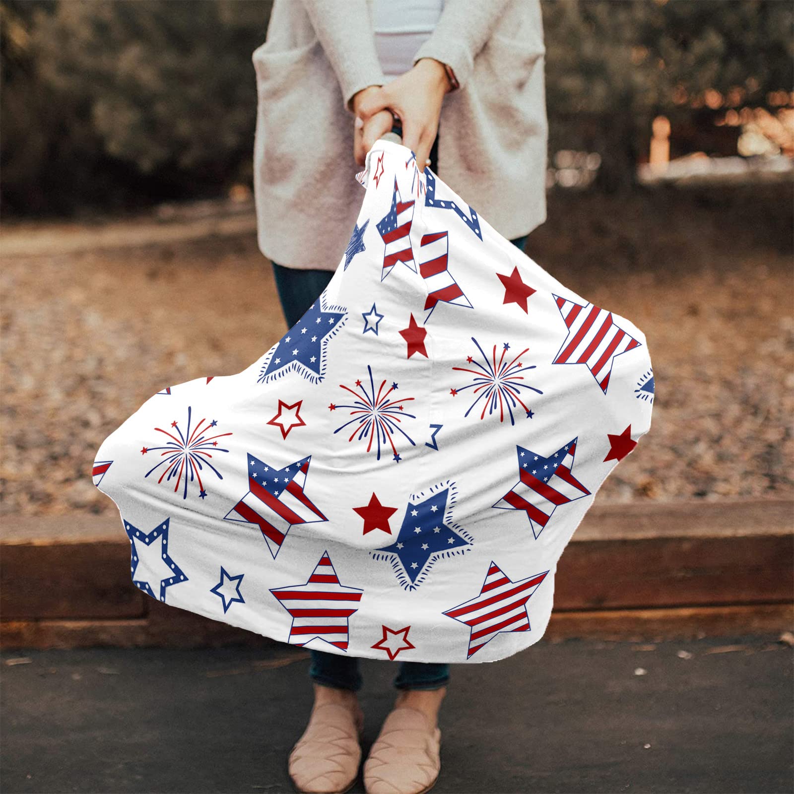Blue Red Stars Independence Day Firework Nursing Cover for Breastfeeding Scarf, 4th of July Patriotic Baby Car Covers Super Soft Multi Use for Canopy Shopping Cart Cover Blanket Stroller Cover