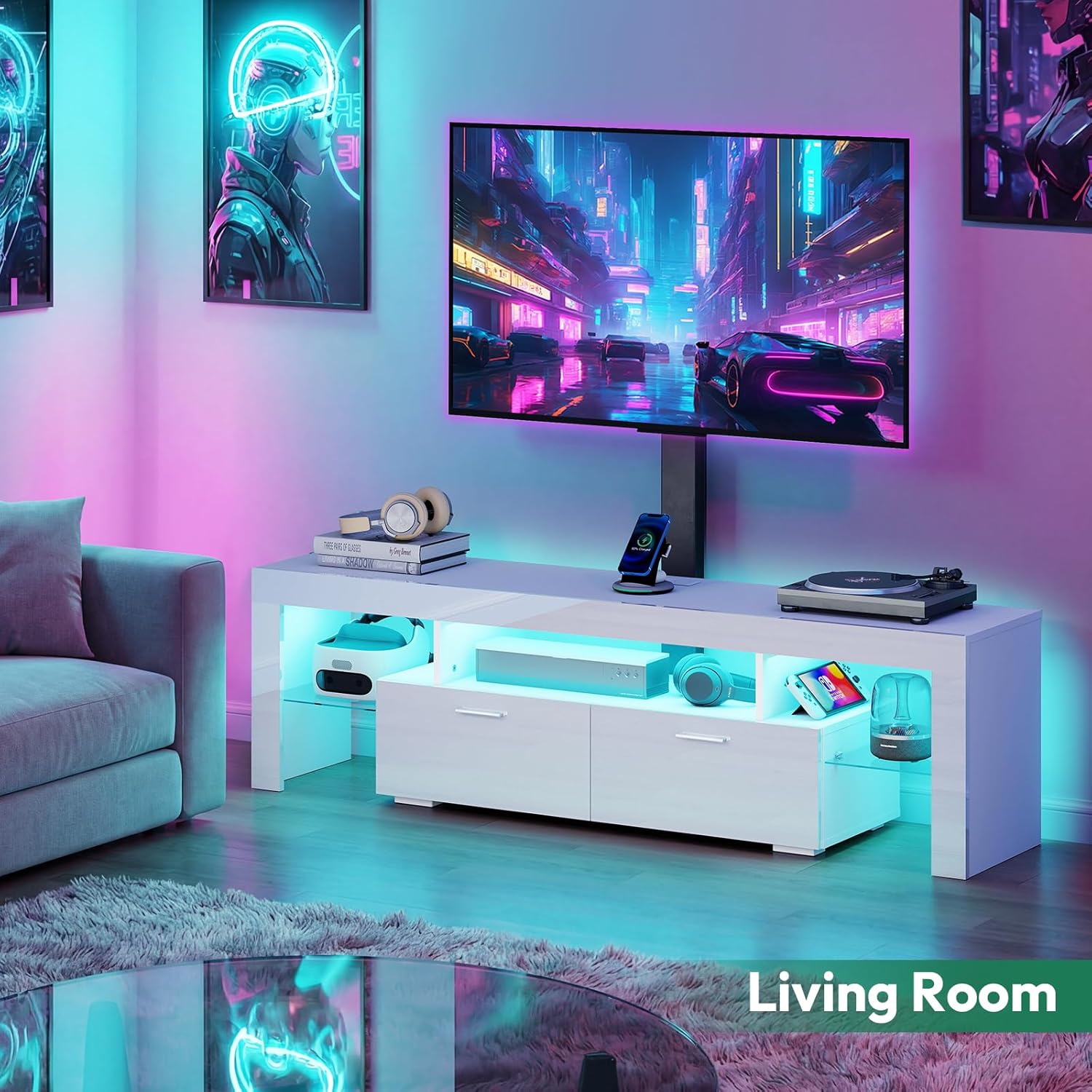 TV-Stand with Mount 75 inch - LED TV Stand with Power Outlet & Drawers, Modern Entertainment Center with Mount for Living Room, Bedroom, Pure White