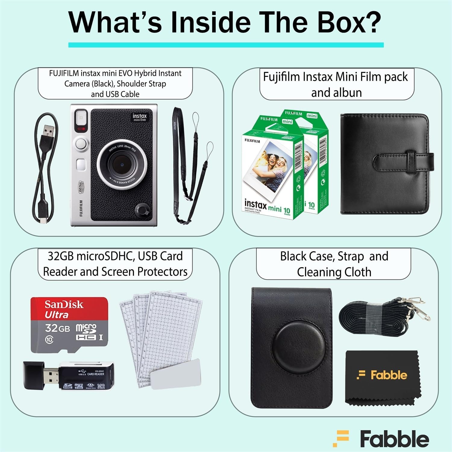 Fujifilm Instax Mini Evo Hybrid Instant Camera (Black) Bundle with 20-Exposure Film, 32GB microSD Card, Protective Case, Photo Album, Screen Protectors, USB Card Reader