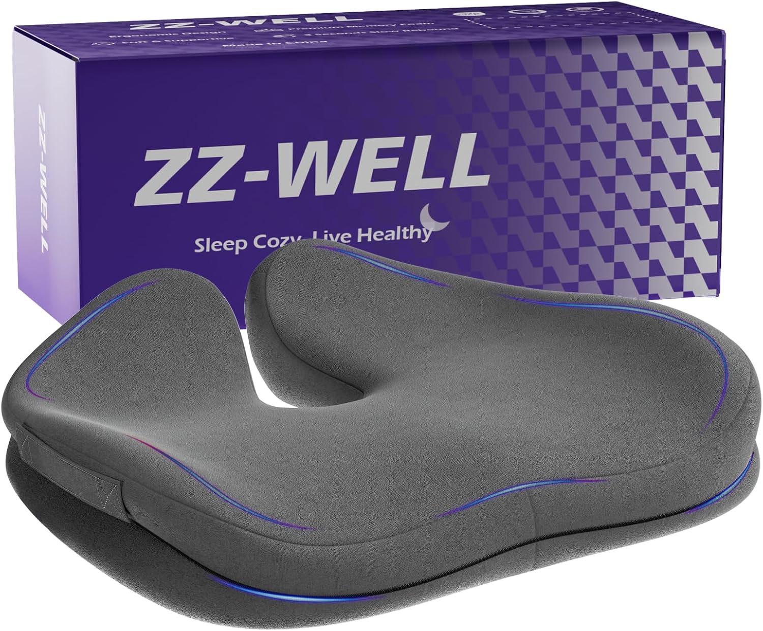 ZZ-WELL Seat Cushions for Office Chairs, Car Seat - Patented Coccyx Cushion for Tailbone Pain - Memory Foam Butt Cushion for Pressure Relief - Carry Handle & Non Slip Bottom (Grey)