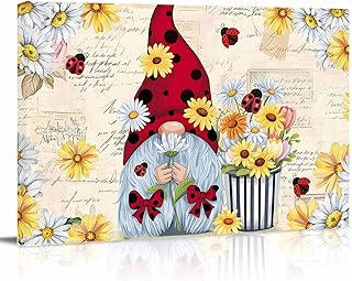 Rullikatlyi Gnomes Daisy Farmhouse Wall Decor for Living Room Bedroom, Pastoral Vintage Garden Floral Bathroom Canvas Wall Art Aesthetic Modern, Kitchen Office Wood Oil Painting Pictures Decor 28"x20"