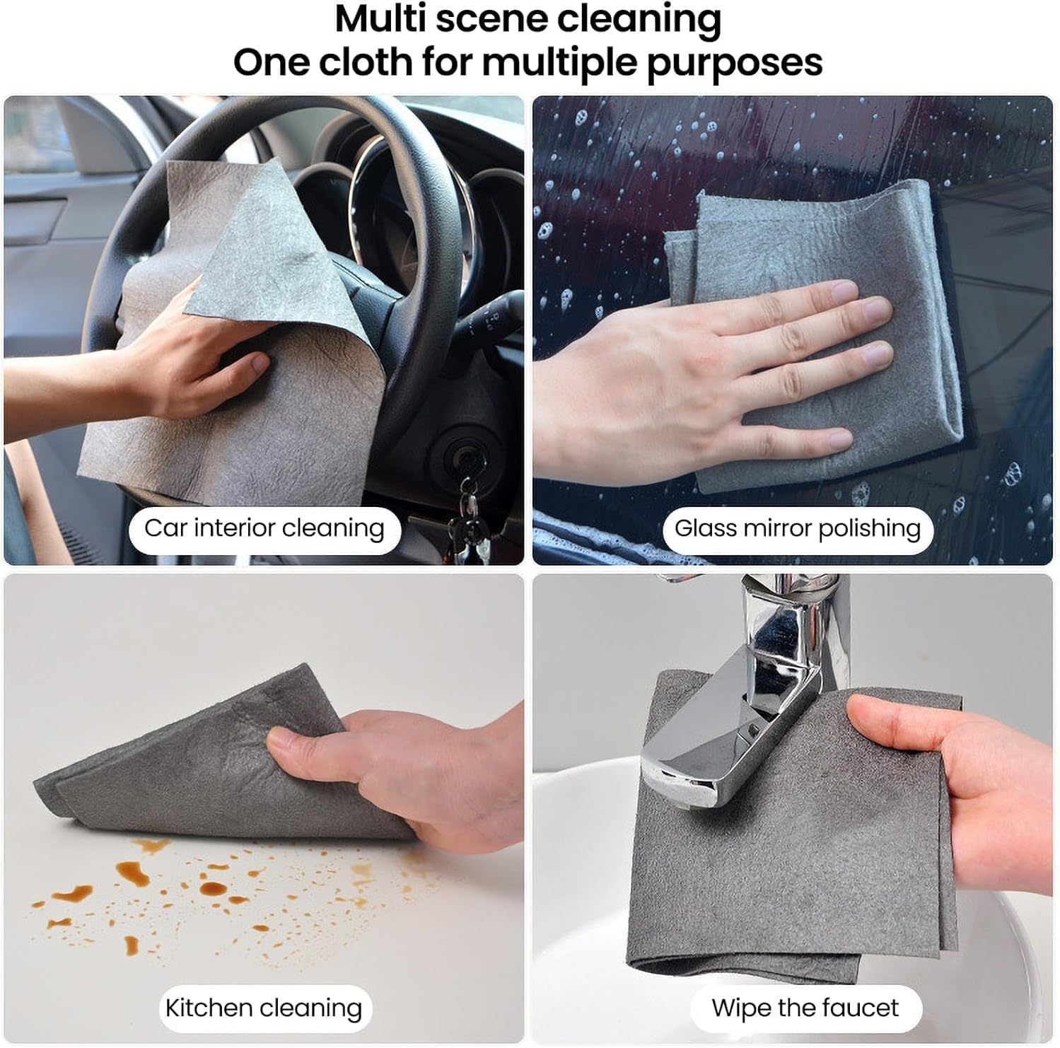 A collage of four images showing the cleaning cloth being used for various tasks: cleaning a car interior, polishing a glass mirror, cleaning a kitchen surface with a spill, and wiping a faucet.