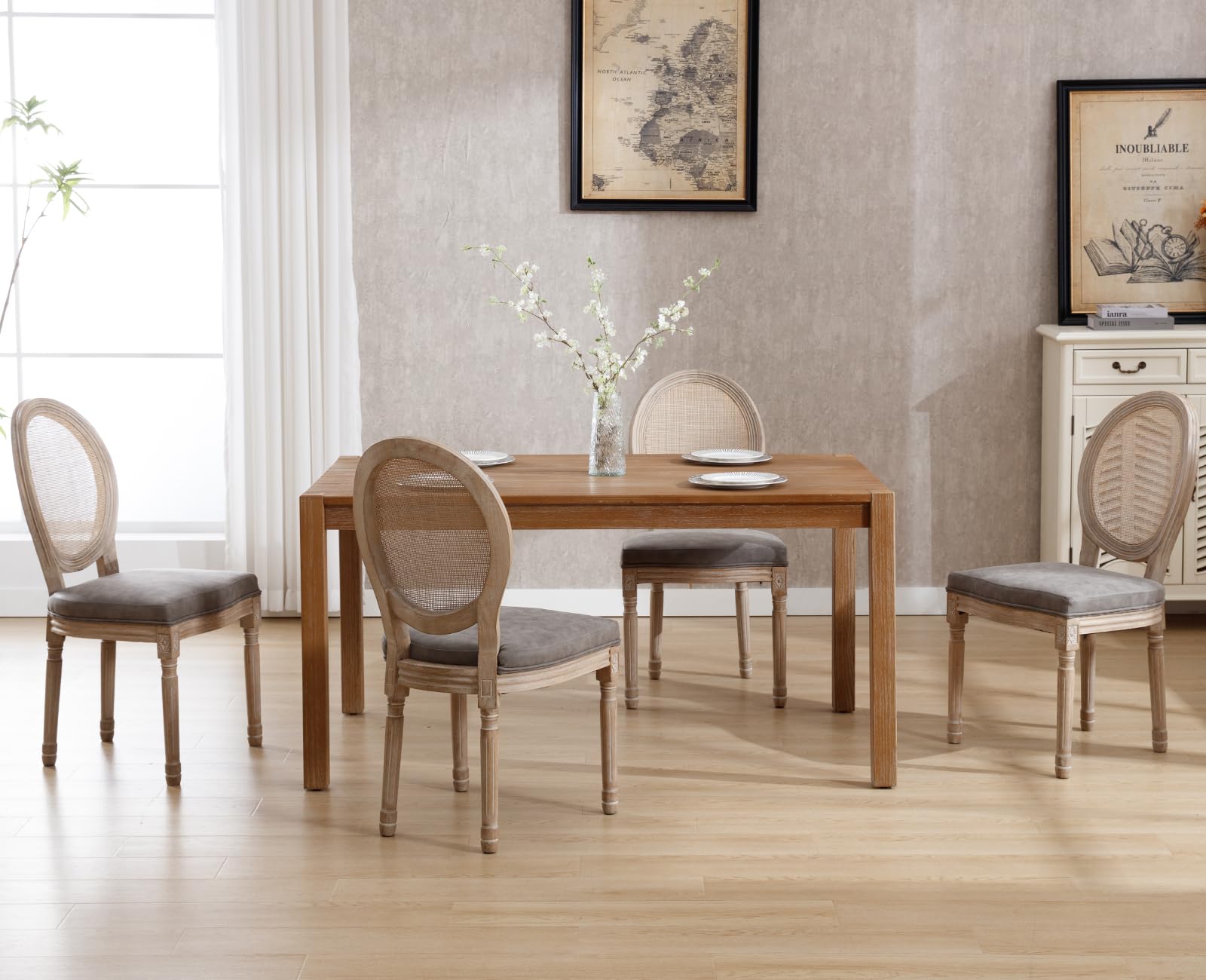 chairus Farmhouse Rattan Dining Chairs Set of 4, Leather French Country Chairs with Round Back, Oval Side Chairs for Kitchen/Restaurant/Dining Room/