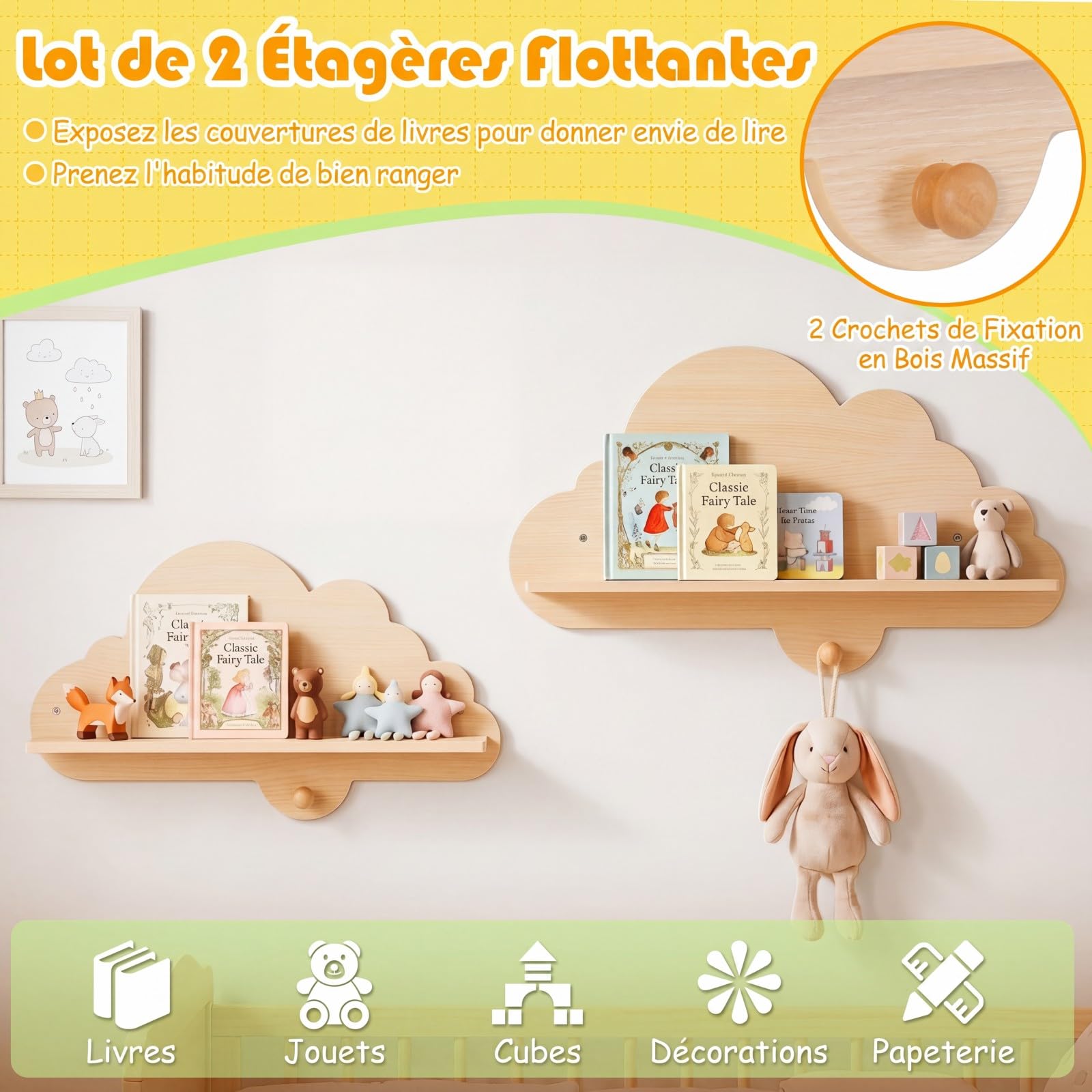 COSTWAY Lot de 2 Étagère Murale Enfant en Forme Nuage, Étagère Livre Enfant en Bois, Bibliothèque Flottante Montessori pour Livre Jouet pour Chambre Salle de Jeux (Naturel)