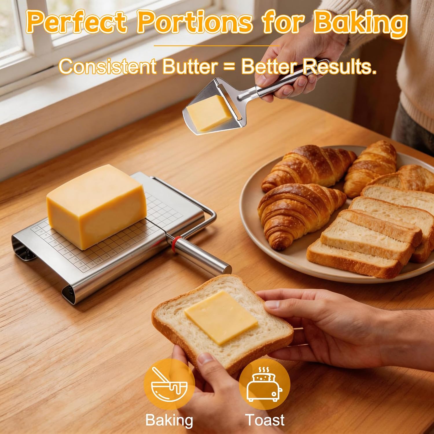 Cheese Slicer, Stainless Steel Cheese Cutter Board and Measuring Grids, Multipurpose Cheese Cutter for Block Cheese, Butter, Sausages, Fruits Kitchen Gadget Cheese Tool