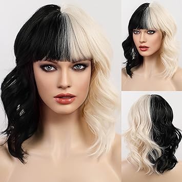 Amazon Com Black And White Wigs For Women Haircube Short Curly Wavy Bob Hair Wigs With Bangs Heat Resistant Synthetic Wigs For Party Cosplay Halloween Beauty Personal Care