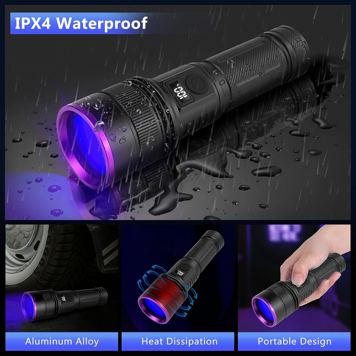 WINDFIRE Black Light Flashlight 365nm, UV Flashlight Rechargeable with LCD Display, 30W High Power Blacklight for Pet Urine Detection, Rocks, Scorpions, Resin Curing, Blood Tracking, Uranium Glass