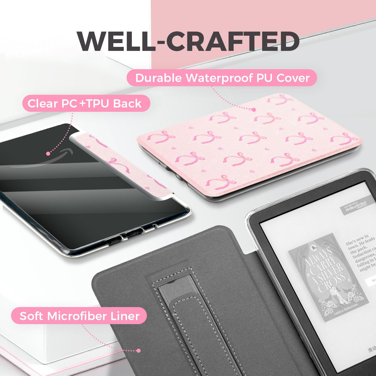 Coquette - Custodia trasparente per eReader Kindle 11a generazione da 6 pollici (2022/2024), custodia ultra sottile da 6 pollici con cinghia da polso, custodia protettiva rosa per eBook di base