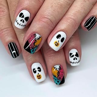 Halloween Ghost Press on Nails Short Fake Nails Full Cover Square Acrylic Nails with Patch Stripes Design Glossy Skull Face Glue on Nails Halloween Acrylic Artificial Nails for Women Girls Manicure