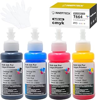 INNERTECK Compatible Refill Ink Bottles Replacement for T664 664 Refill Ink for ET-2500 ET-2550 ET-2600 ET-2650 ET-4500 ET-14000 L210 L310 L120 L455 L550 L486 Printer 4 Pack