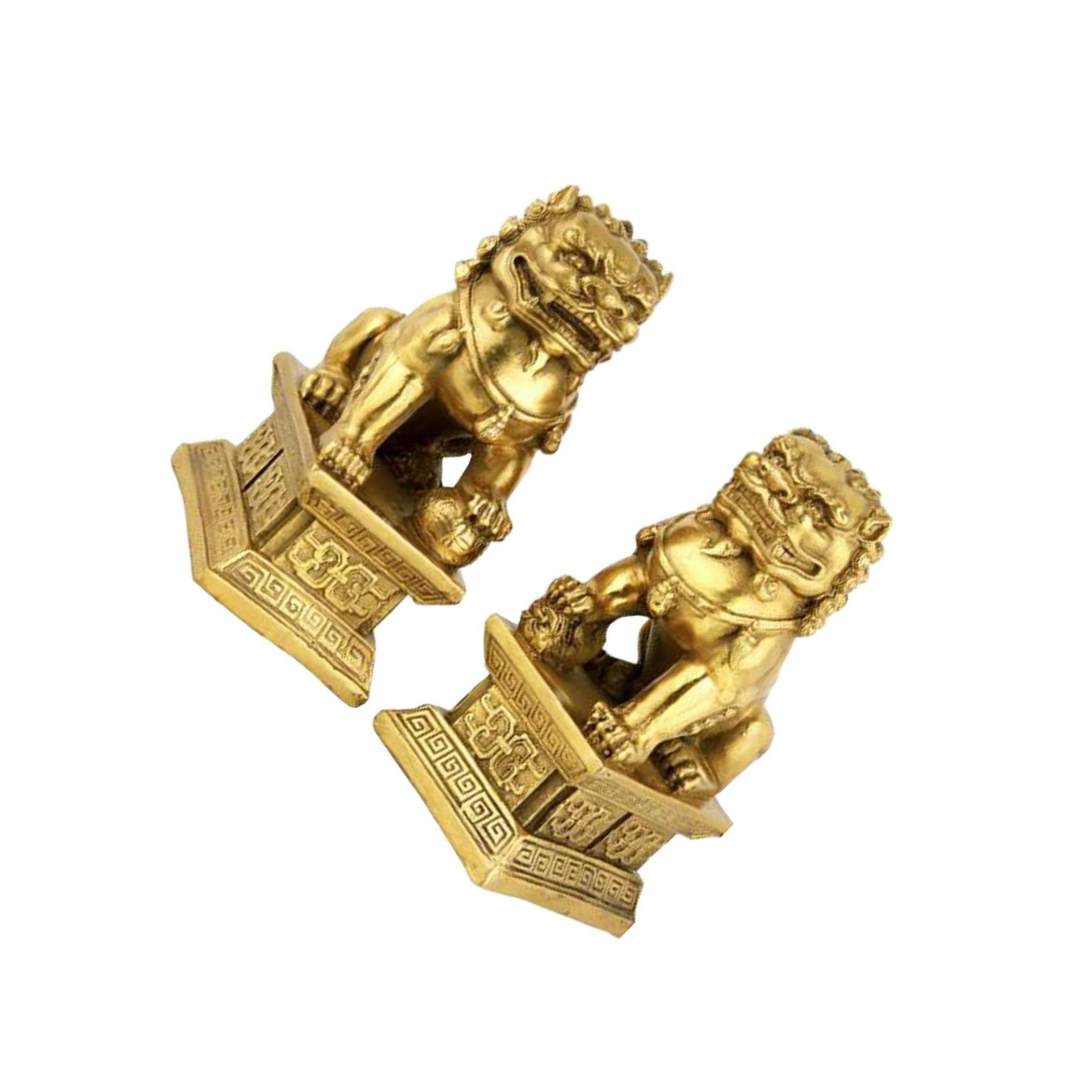 Lot de 2 Figurines de Lions Gardiens Fu Dog, Cadeau de félicitations et Porte- (9 cm x 6 cm x 16), doré, 9 6 16