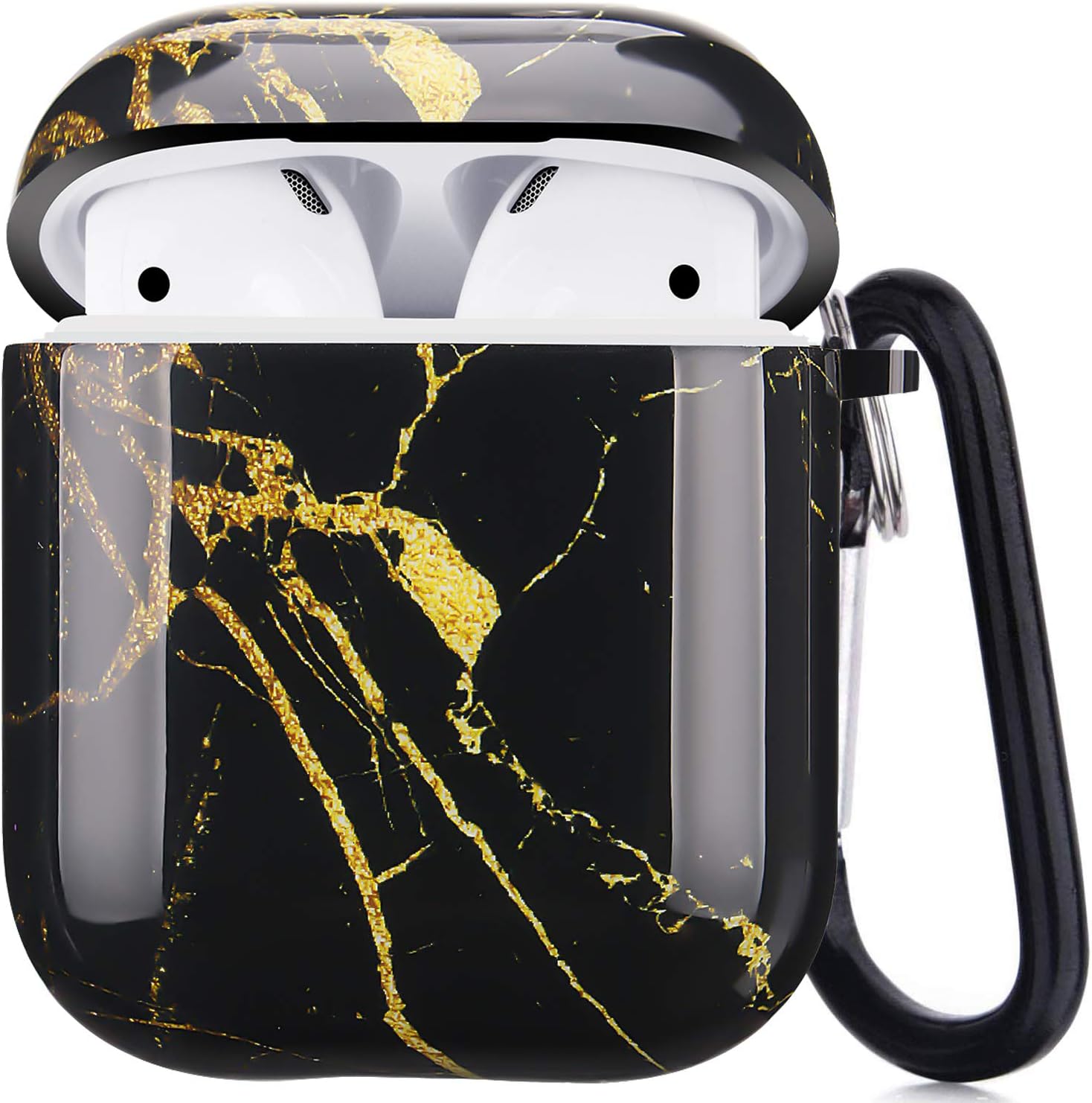 Happypapa Airpods Case Designed for Apple AirPods 2 & 1 Full Protective Case Cover with Keychain Cute Girls Men Durable Shockproof Anti Lost Case for Airpods Charging Case (Black Gold Marble)