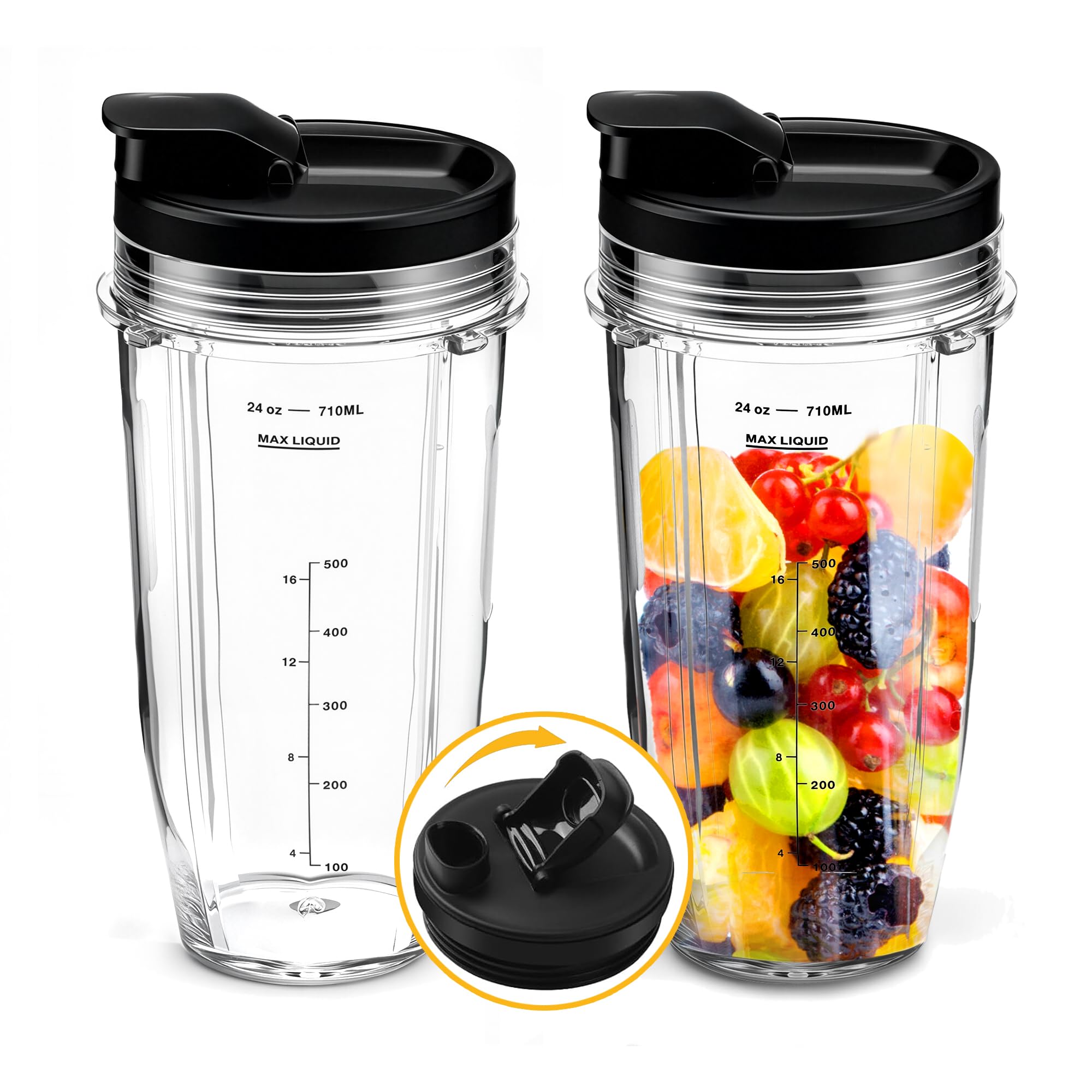 2Pcs Replacement 24oz Blender Cup with Sip & Seal Lid Compatible with Nutri Ninja BL450 BL456 BL480 BL482 BL640 BL642 BL682 BN401 BN751 BN801 Foodi SS101 SS151 SS351 SS401 Ninja Auto IQ Series Blender
