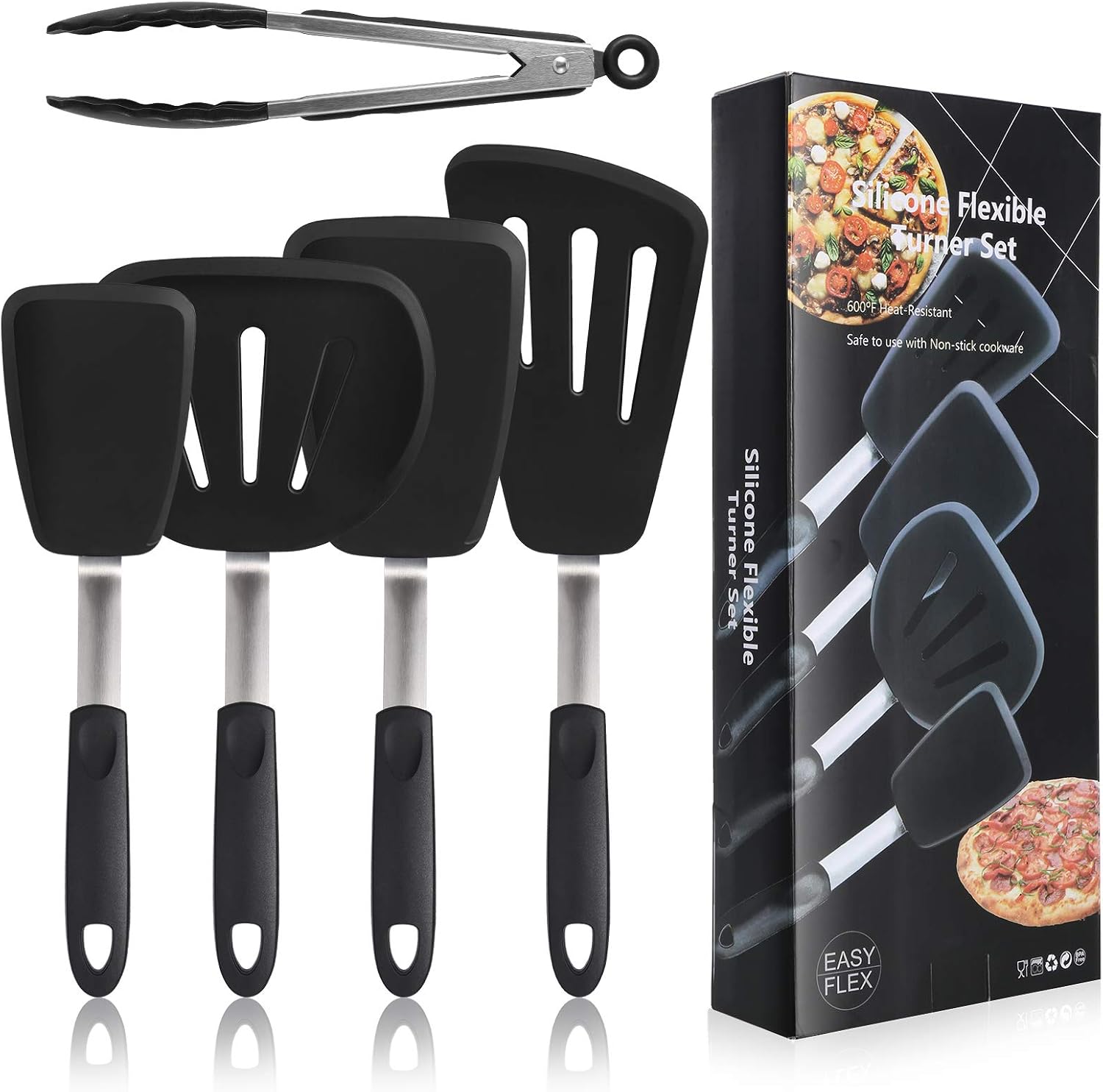 CGSGDK Silicone Flexible Turner Spatula Set, 5-Piece Heat Resistant Flexible Rubber Spatulas,Silicone Cooking Utensil Set,Non Stick Rubber Kitchen Utensils for Cooking Fish, Steak,Eggs, Pancakes