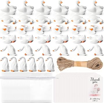 36 Pcs Mini Silly Goose Party Favors Set, Cute Rubber Goose Figurines with 36 Thank You Cards, 36 Organza Bags & Jute Twine for Farm-Themed Celebrations, Weddings, and Festive Gatherings